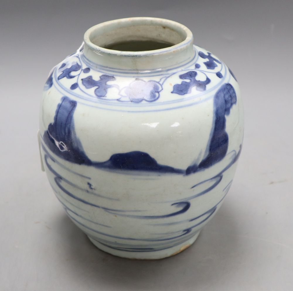 A Chinese Late Ming blue and white landscape jar, height 19cm, with certificate of authenticity, restored rim